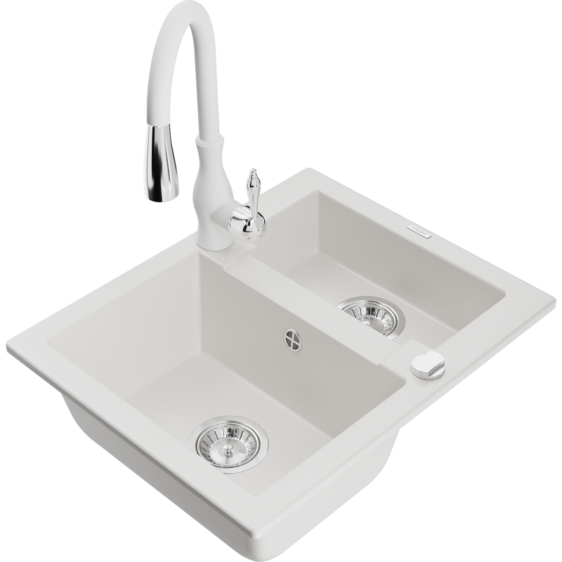 Mexen Carlos 1,5-compartment granite sink with a kitchen mixer tap Savita, White - 6518-20-672601-20