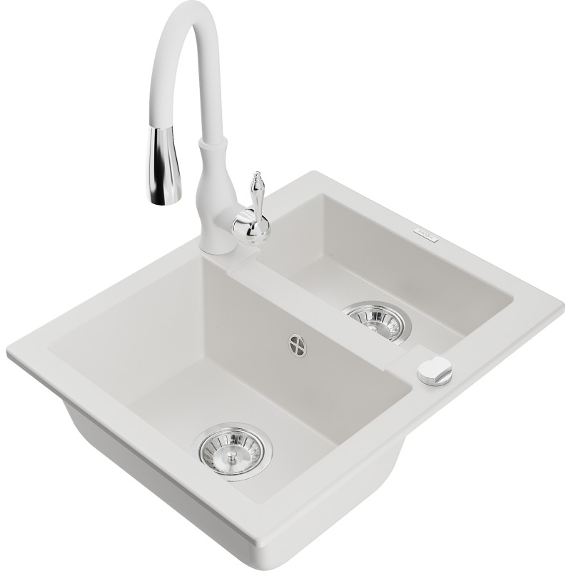 Mexen Carlos granite sink 1.5-bowl with Savita kitchen faucet, white - 6518-20-672601-20