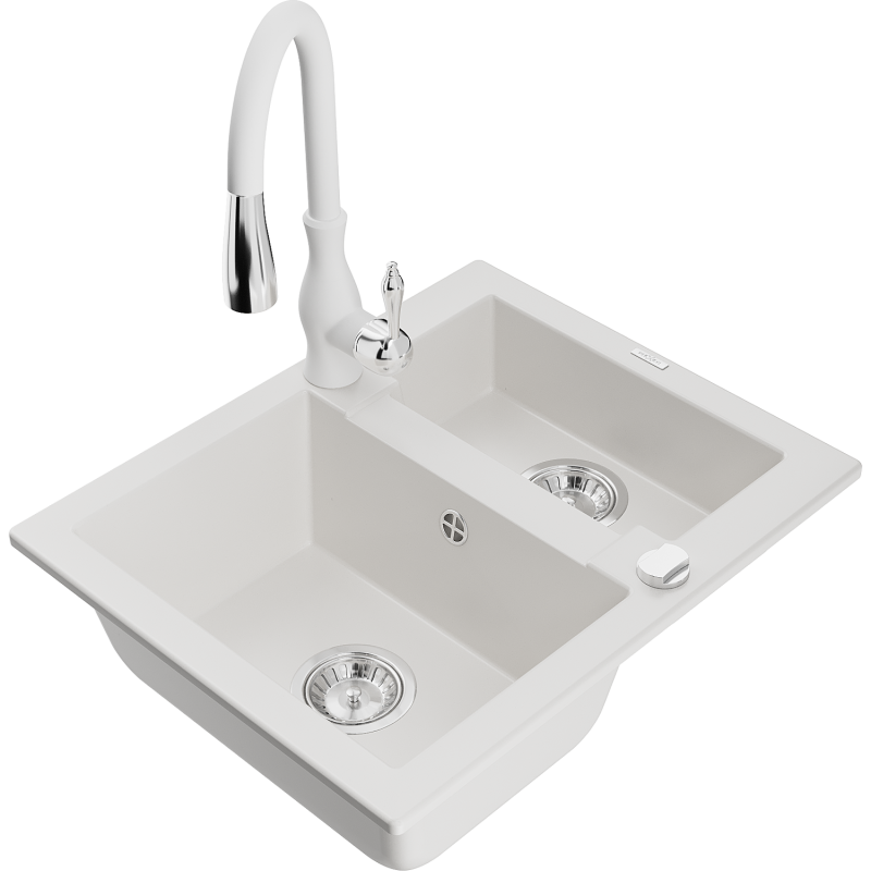 Mexen Carlos granite sink 1.5-bowl with Savita kitchen tap, white - 6518-20-672601-20