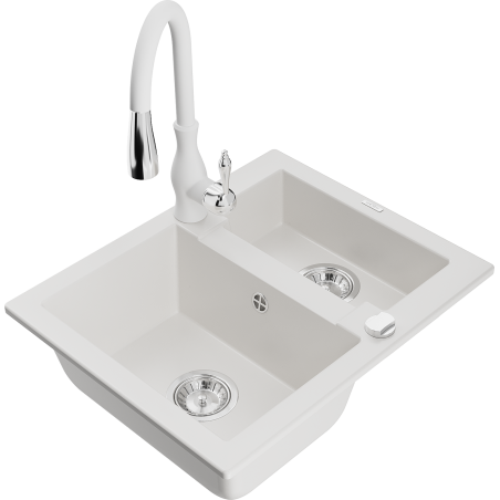 Mexen Carlos granite sink 1.5-bowl with Savita kitchen tap, white - 6518-20-672601-20