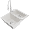 Mexen Carlos granite sink 1.5-bowl with Savita kitchen faucet, white - 6518-20-672601-20