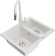 Mexen Carlos 1,5-compartment granite sink with a kitchen mixer tap Savita, White - 6518-20-672601-20