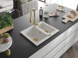 Mexen Carlos granite sink 1.5-bowl with Savita kitchen faucet, white - 6518-20-672601-50