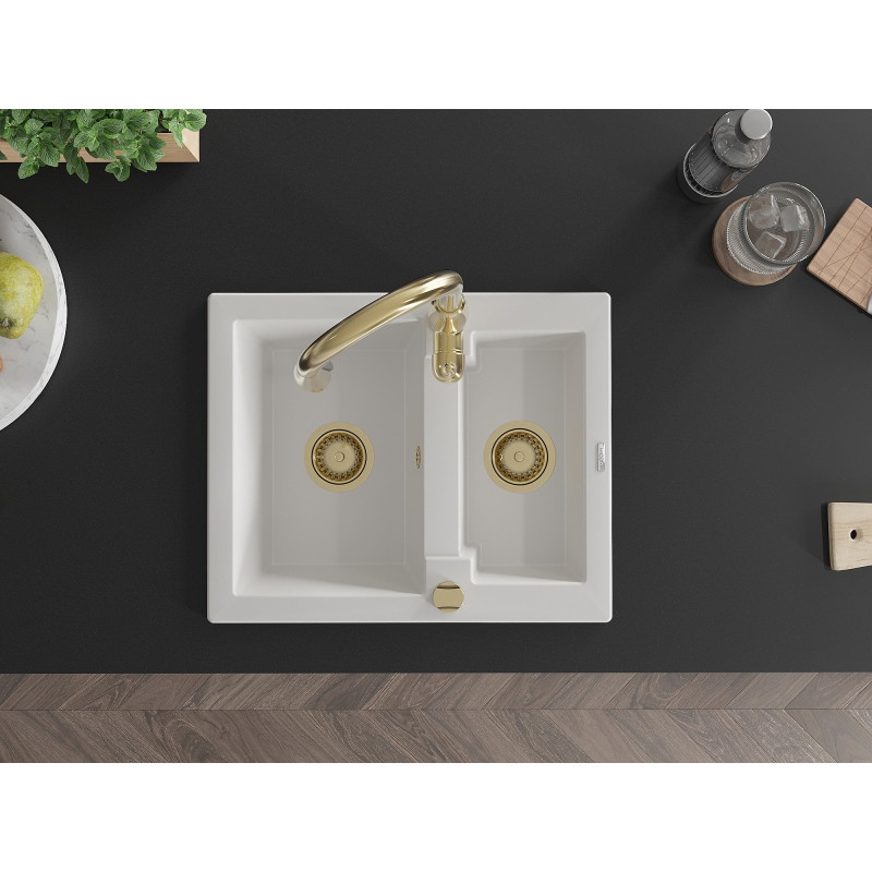 Mexen Carlos 1.5-bowl granite sink with Savita kitchen faucet, white - 6518-20-672601-50