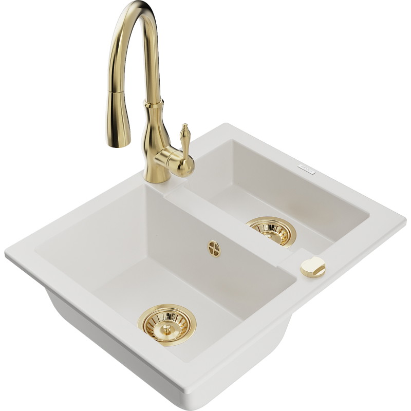 Mexen Carlos 1.5-bowl granite sink with Savita kitchen faucet, white - 6518-20-672601-50