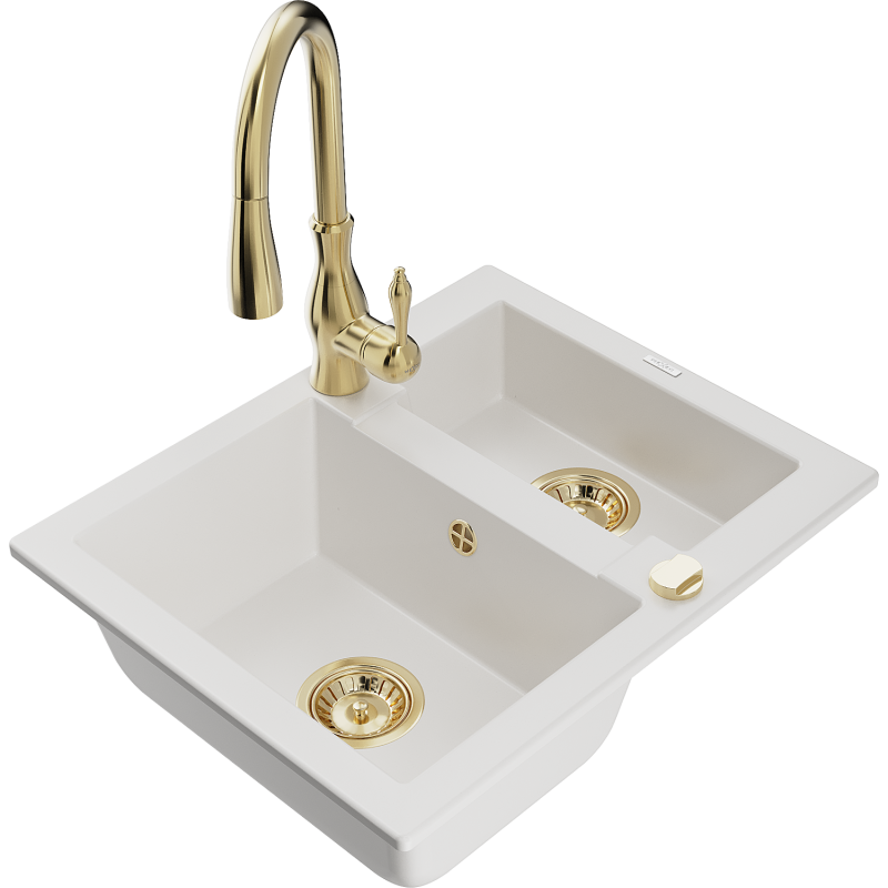 Mexen Carlos 1.5-bowl granite sink with Savita kitchen tap, white - 6518-20-672601-50