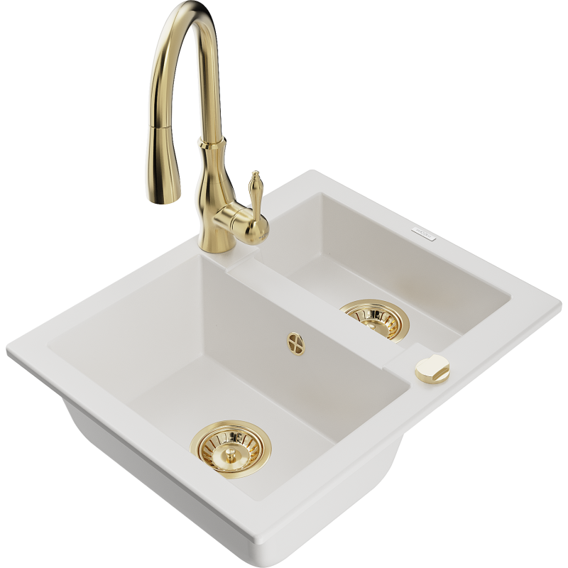 Mexen Carlos 1,5-compartment granite sink with a kitchen mixer tap Savita, White - 6518-20-672601-50