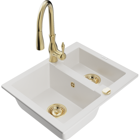 Mexen Carlos 1.5-bowl granite sink with Savita kitchen faucet, white - 6518-20-672601-50