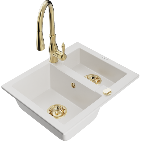 Mexen Carlos 1,5-compartment granite sink with a kitchen mixer tap Savita, White - 6518-20-672601-50
