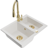 Mexen Carlos granite sink 1.5-bowl with Savita kitchen faucet, white - 6518-20-672601-50