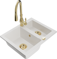 Mexen Carlos granite sink 1.5-bowl with Savita kitchen faucet, white - 6518-20-672601-50