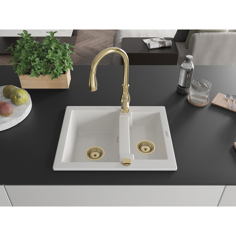 Mexen Carlos granite sink 1.5-bowl with Savita kitchen faucet, white - 6518-20-672601-50
