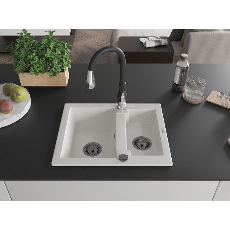 Mexen Carlos 1.5-bowl granite sink with Savita kitchen tap, white - 6518-20-672601-70