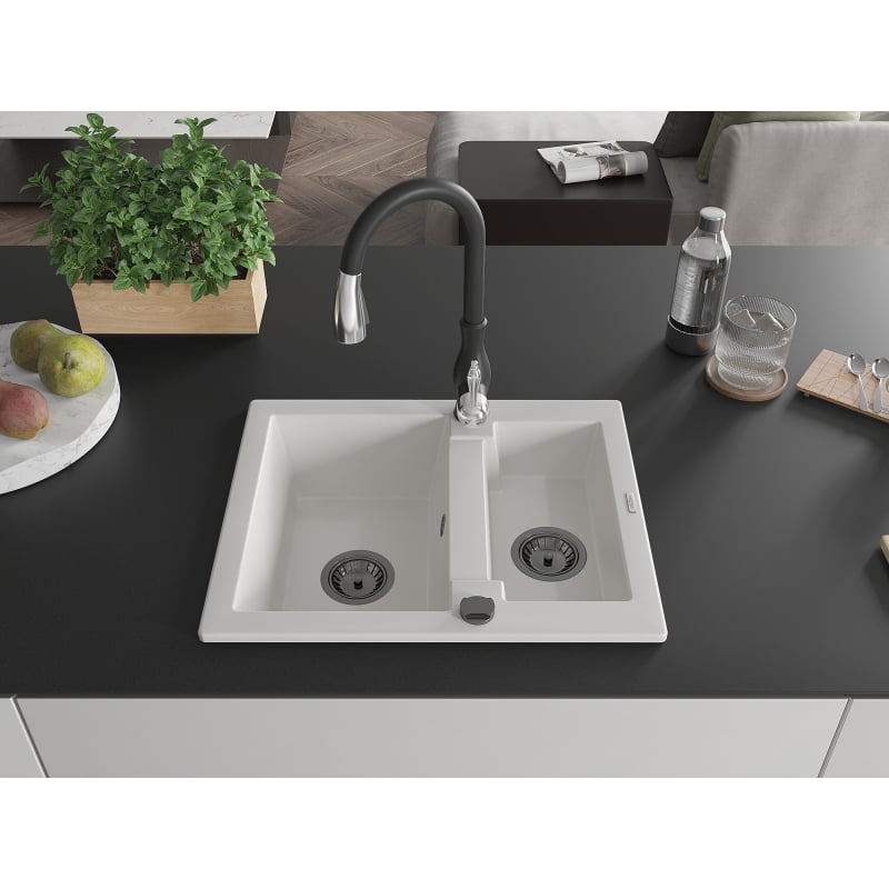 Mexen Carlos granite sink 1.5-bowl with Savita kitchen faucet, white - 6518-20-672601-70