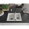 Mexen Carlos granite sink 1.5-bowl with Savita kitchen faucet, white - 6518-20-672601-70