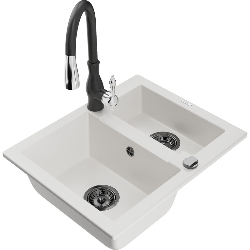 Mexen Carlos granite sink 1.5-bowl with kitchen faucet Savita, white - 6518-20-672601-70