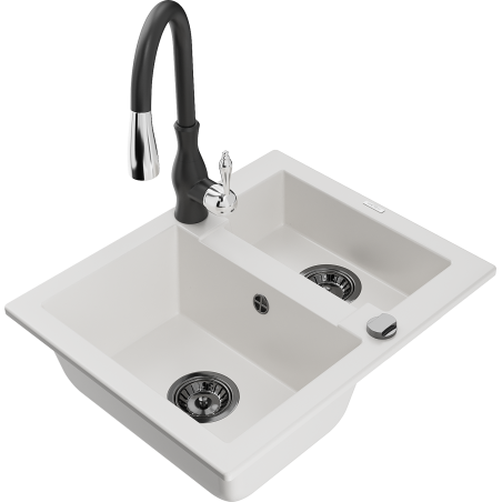 Mexen Carlos granite sink 1.5-bowl with Savita kitchen faucet, white - 6518-20-672601-70