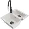 Mexen Carlos granite sink 1.5-bowl with kitchen faucet Savita, white - 6518-20-672601-70