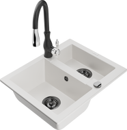 Mexen Carlos granite sink 1.5-bowl with Savita kitchen faucet, white - 6518-20-672601-70