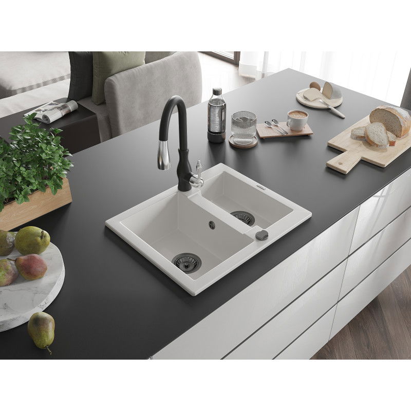 Mexen Carlos 1.5-bowl granite sink with Savita kitchen tap, white - 6518-20-672601-70
