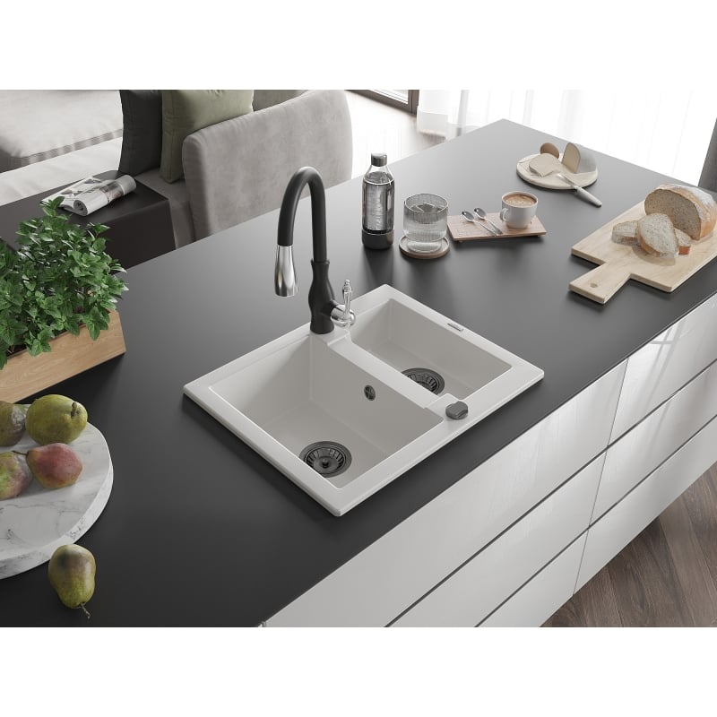 Mexen Carlos granite sink 1.5-bowl with Savita kitchen faucet, white - 6518-20-672601-70