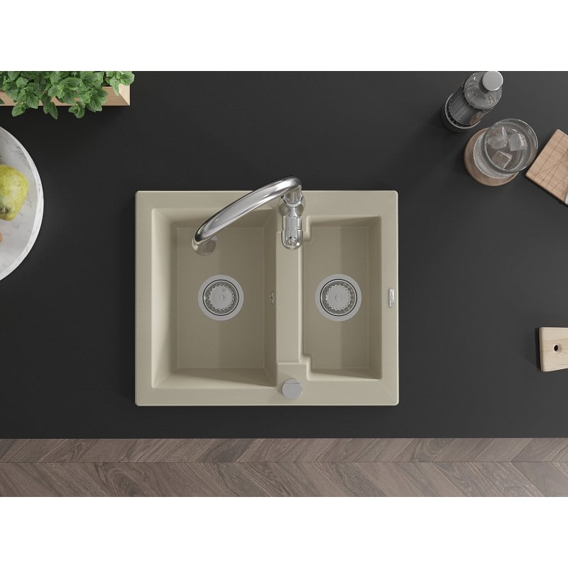 Mexen Carlos granite sink 1.5-bowl with Savita kitchen faucet, beige - 6518-69-672601-00