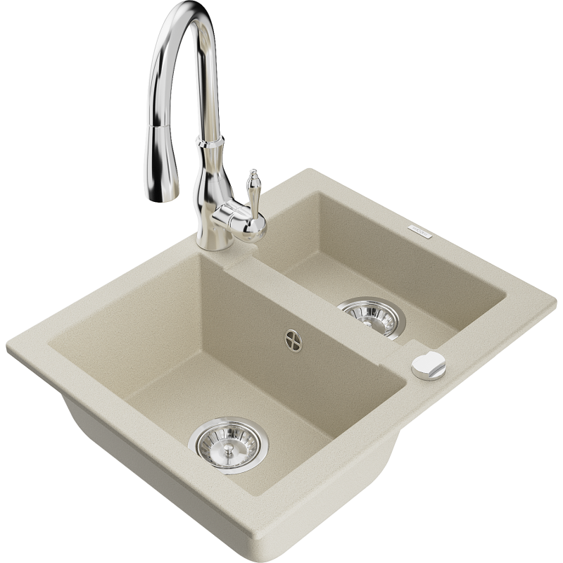 Mexen Carlos 1,5-compartment granite sink with a kitchen mixer tap Savita, Beige - 6518-69-672601-00