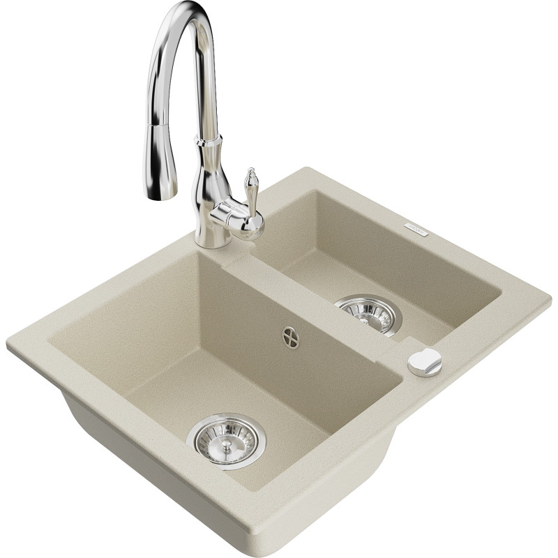 Mexen Carlos granite sink 1.5-bowl with Savita kitchen faucet, beige - 6518-69-672601-00