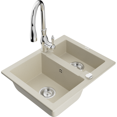 Mexen Carlos 1,5-compartment granite sink with a kitchen mixer tap Savita, Beige - 6518-69-672601-00