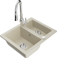 Mexen Carlos granite sink 1.5-bowl with Savita kitchen faucet, beige - 6518-69-672601-00