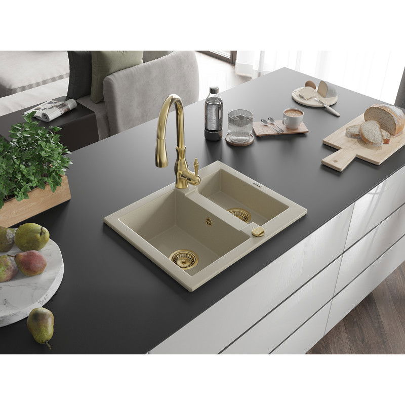 Mexen Carlos granite sink 1.5-bowl with Savita kitchen tap, beige - 6518-69-672601-50