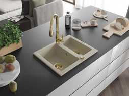 Mexen Carlos 1.5-bowl granite sink with Savita kitchen faucet, beige - 6518-69-672601-50