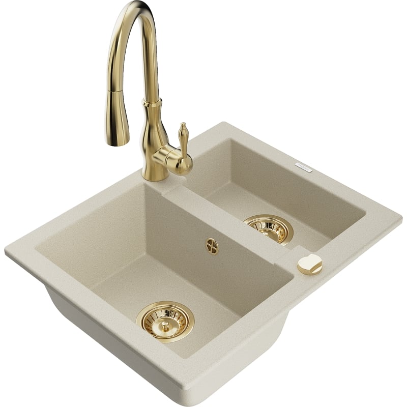 Mexen Carlos 1.5-bowl granite sink with Savita kitchen faucet, beige - 6518-69-672601-50