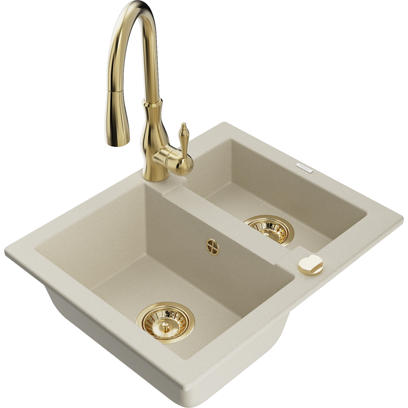 Mexen Carlos granite sink 1.5-bowl with Savita kitchen tap, beige - 6518-69-672601-50
