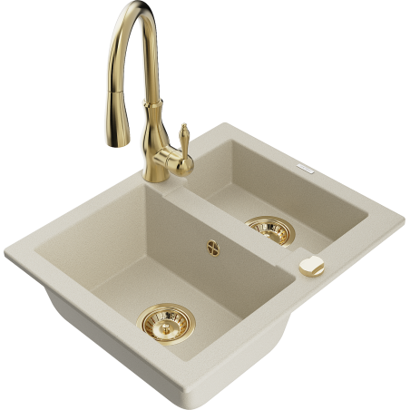 Mexen Carlos 1.5-bowl granite sink with Savita kitchen faucet, beige - 6518-69-672601-50