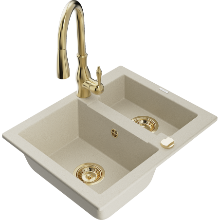 Mexen Carlos granite sink 1.5-bowl with Savita kitchen tap, beige - 6518-69-672601-50
