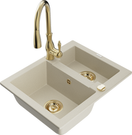 Mexen Carlos 1.5-bowl granite sink with Savita kitchen faucet, beige - 6518-69-672601-50