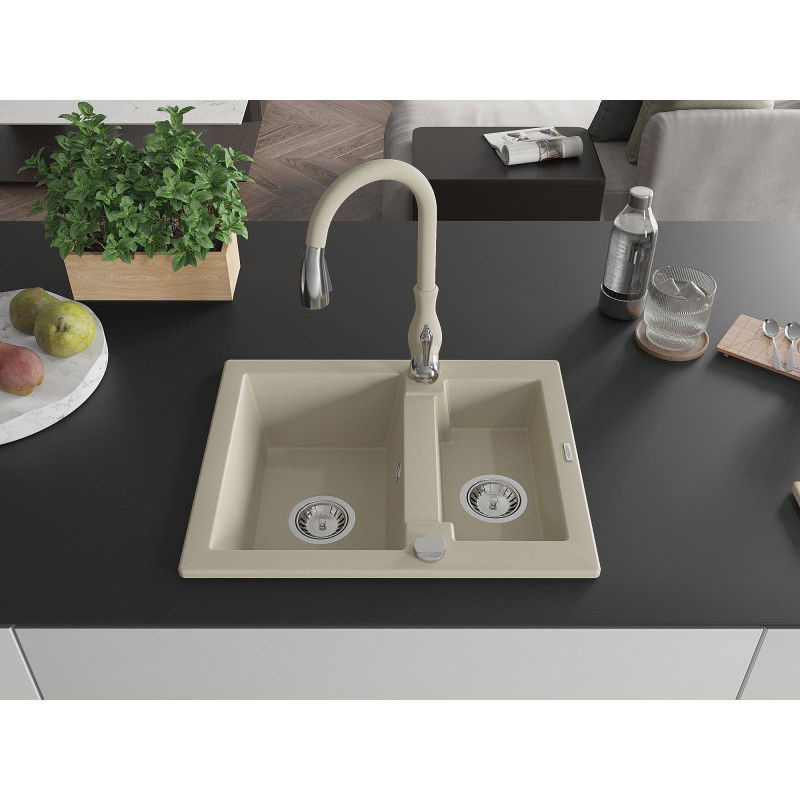 Mexen Carlos granite sink 1.5-bowl with Savita kitchen tap, beige - 6518-69-672601-69