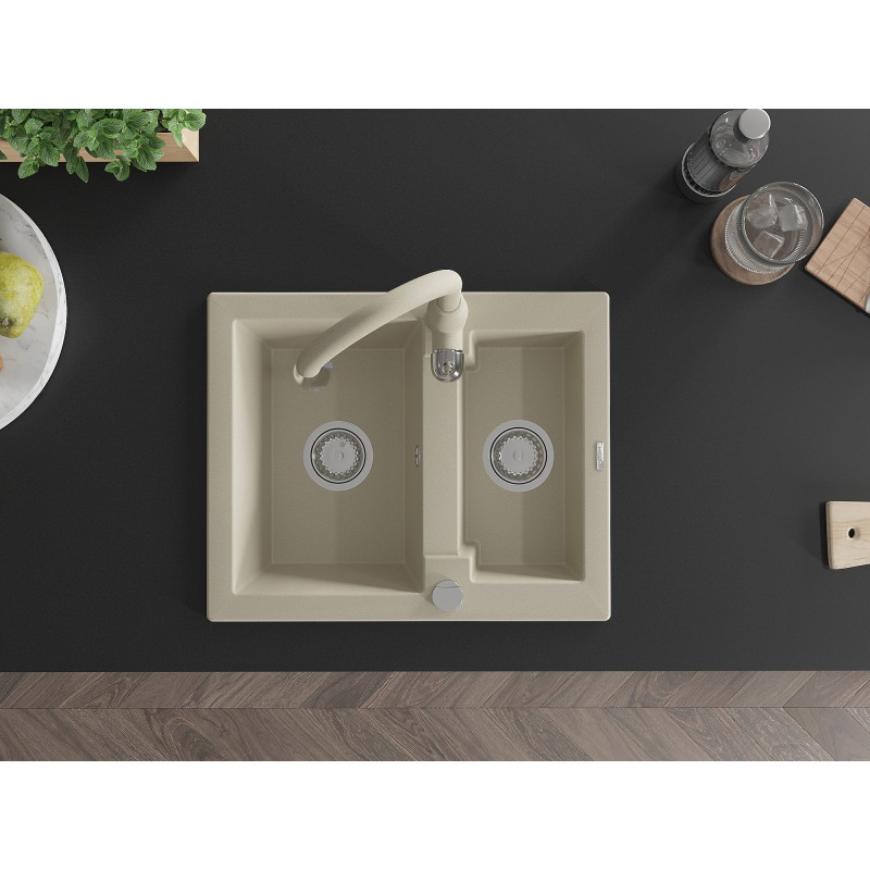 Mexen Carlos 1.5-bowl granite sink with Savita kitchen faucet, beige - 6518-69-672601-69