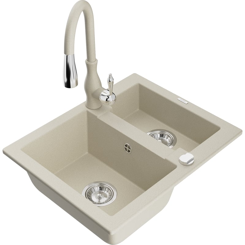 Mexen Carlos granite sink 1.5-bowl with Savita kitchen faucet, beige - 6518-69-672601-69