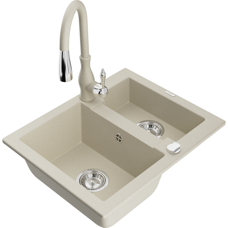 Mexen Carlos granite sink 1.5-bowl with Savita kitchen tap, beige - 6518-69-672601-69