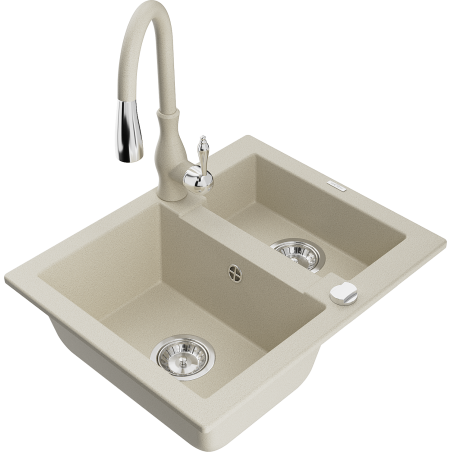 Mexen Carlos 1.5-bowl granite sink with Savita kitchen faucet, beige - 6518-69-672601-69