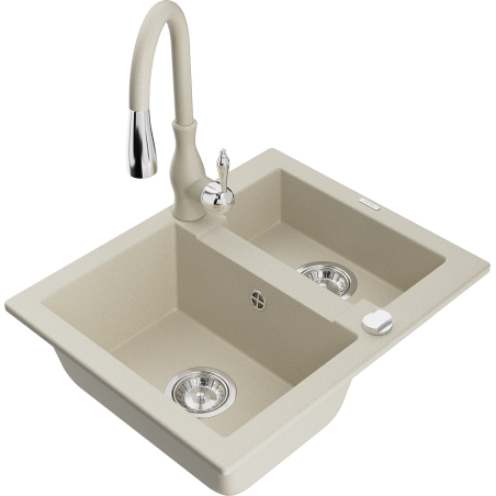 Mexen Carlos granite sink 1.5-bowl with Savita kitchen tap, beige - 6518-69-672601-69