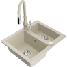 Mexen Carlos granite sink 1.5-bowl with Savita kitchen faucet, beige - 6518-69-672601-69