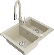 Mexen Carlos granite sink 1.5-bowl with Savita kitchen faucet, beige - 6518-69-672601-69