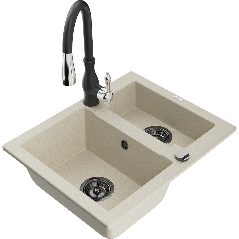 Mexen Carlos 1.5-bowl granite sink with Savita kitchen faucet, beige - 6518-69-672601-70