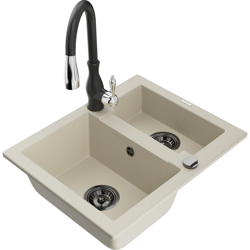 Mexen Carlos Granite Sink 1.5-Bowl with Savita Kitchen Faucet, Beige - 6518-69-672601-70