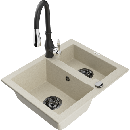 Mexen Carlos 1.5-bowl granite sink with Savita kitchen faucet, beige - 6518-69-672601-70