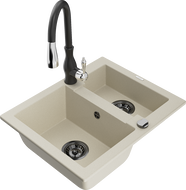 Mexen Carlos Granite Sink 1.5-Bowl with Savita Kitchen Faucet, Beige - 6518-69-672601-70