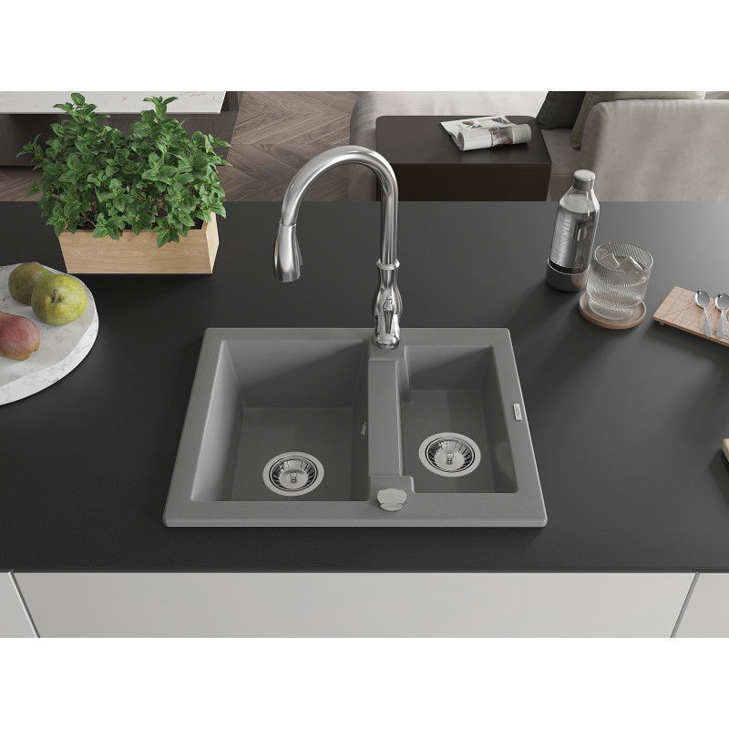 Mexen Carlos granite sink 1.5-bowl with Savita kitchen tap, grey - 6518-71-672601-00